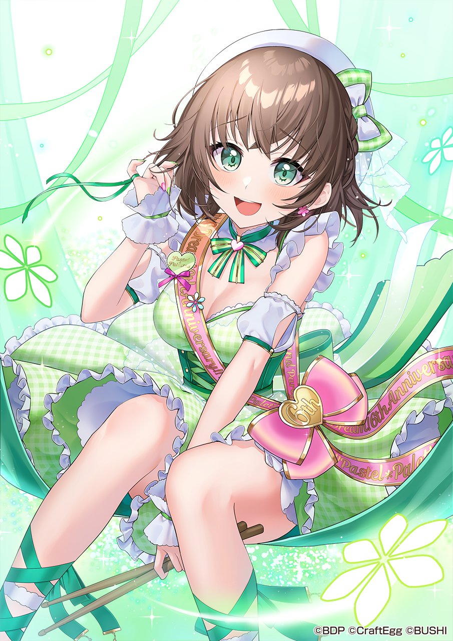 1girl bang_dream! beret detached_collar detached_sleeves dress drumsticks earrings flower_earrings frilled_dress frills green_dress green_eyes hat highres holding holding_drumsticks jewelry light_brown_hair looking_at_viewer medium_hair mikazuki_mika official_art puffy_detached_sleeves puffy_short_sleeves puffy_sleeves short_sleeves white_headwear yamato_maya