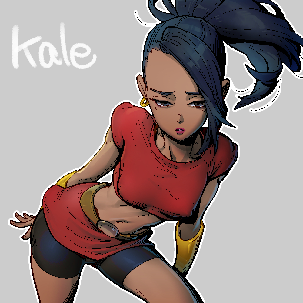 1girl bike_shorts black_eyes black_hair character_name crop_top dark_skin dragon_ball dragon_ball_super earrings english_text gauntlets half-closed_eyes jewelry kale_(dragon_ball) long_hair looking_at_viewer navel open_mouth parted_lips ponytail simple_background solo supobi