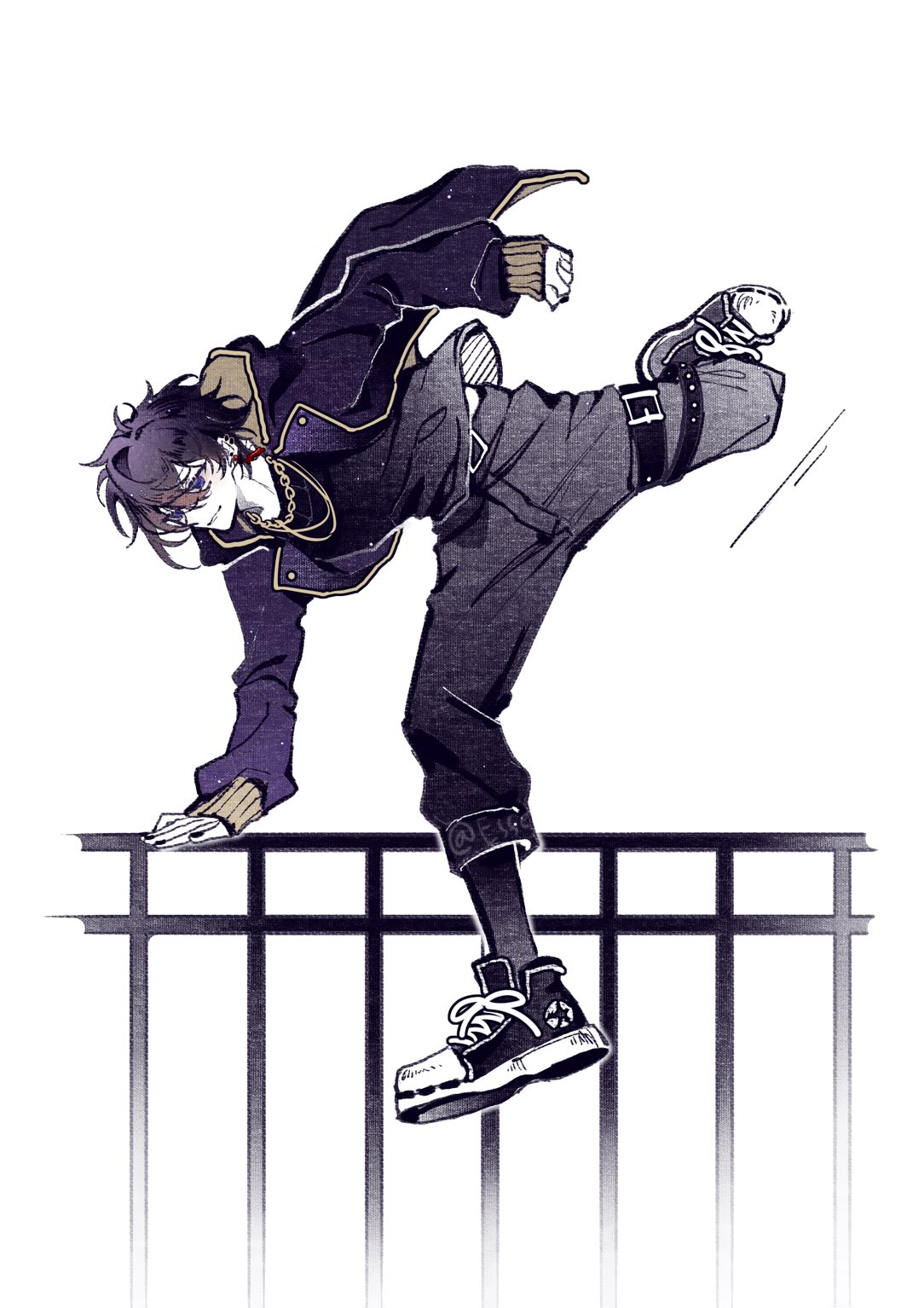 1boy black_nails black_pants chain chain_necklace esse_shoto_ovo gold_chain gold_necklace highres hood hooded_jacket indie_virtual_youtuber jacket jewelry long_sleeves looking_at_viewer male_focus necklace pants purple_hair purple_jacket shoes short_hair shoto_(vtuber) sneakers sword_earrings violet_eyes virtual_youtuber