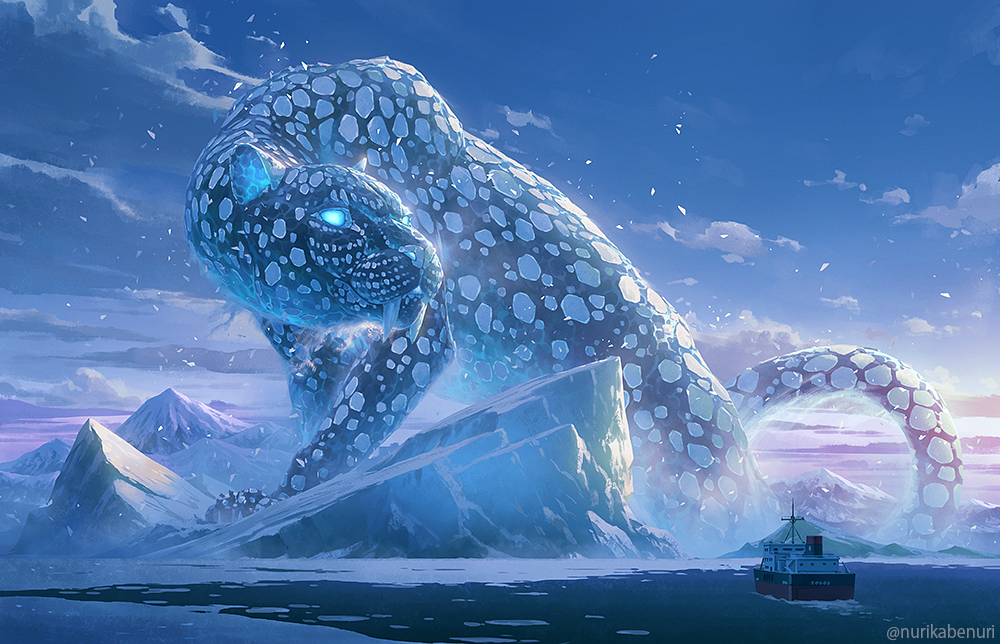 animal blue_sky boat clouds evening fangs giant glowing glowing_eyes ice iceberg leopard monster no_humans nurikabe_(mictlan-tecuhtli) original outdoors oversized_animal sky snow twitter_username watercraft