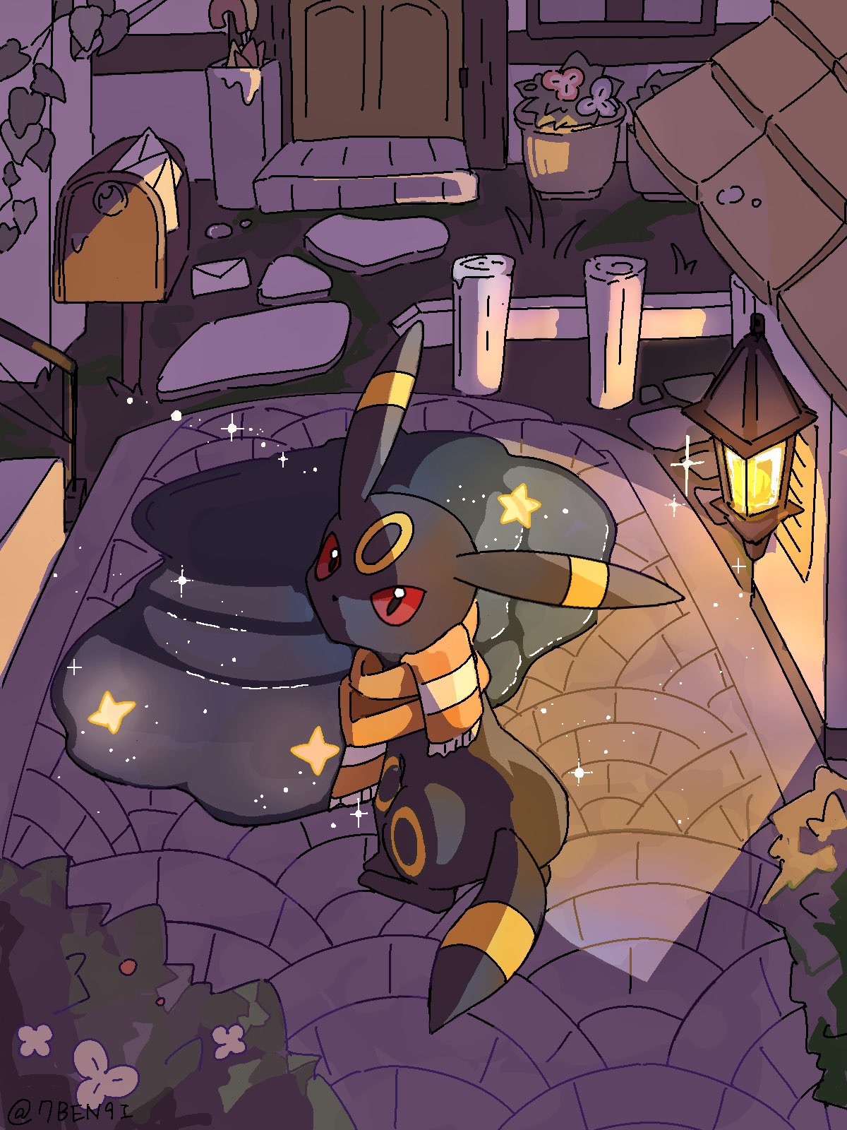 7ben9i bush door fence flower_pot highres lamp letter looking_at_viewer looking_back mailbox_(incoming_mail) night no_mouth orange_scarf outdoors pokemon pokemon_(creature) puddle red_eyes scarf sitting sparkle star_(symbol) umbrella umbreon wooden_fence