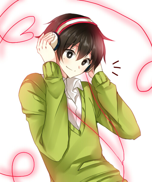 1boy black_hair bright_pupils cable cardigan closed_mouth collared_shirt commentary green_cardigan hair_between_eyes hands_up headphones heart heart_of_string kagerou_project kokonose_haruka looking_down male_focus mnyang mole mole_under_eye notice_lines open_collar school_uniform shirt short_hair simple_background smile solo string string_of_fate upper_body white_background white_pupils white_shirt