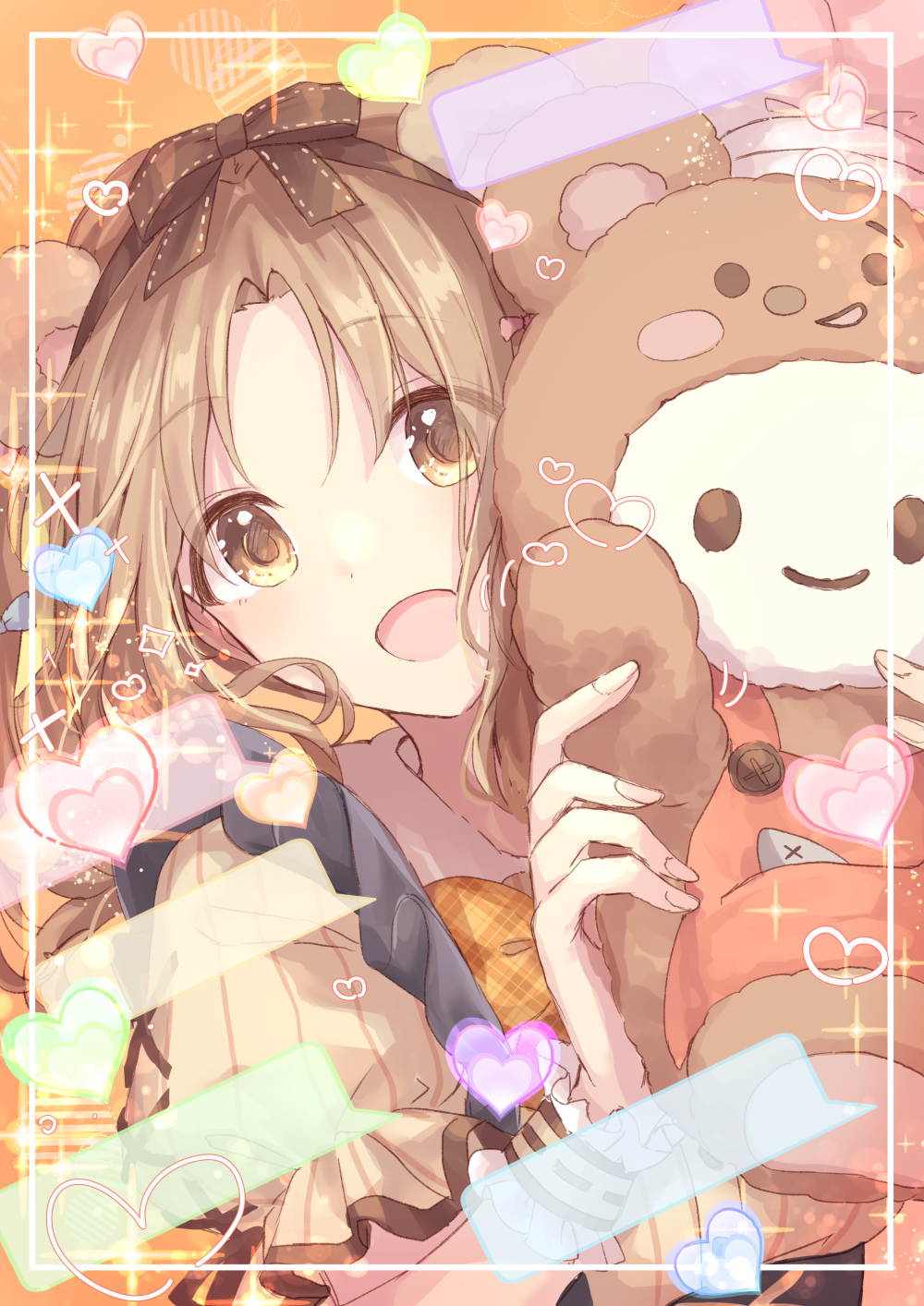 1girl animal_ears bear_ears black_ribbon brown_hair dot_nose dress fake_animal_ears frilled_dress frills grid_background hair_ornament hair_ribbon heart highres holding holding_stuffed_toy ichikawa_hinana idolmaster idolmaster_shiny_colors long_hair looking_at_viewer open_mouth orange_background parted_bangs plaid plaid_ribbon ribbon shiohari_kanna short_sleeves smile solo sparkle speech_bubble striped striped_dress stuffed_animal stuffed_toy teddy_bear yellow_dress yellow_ribbon