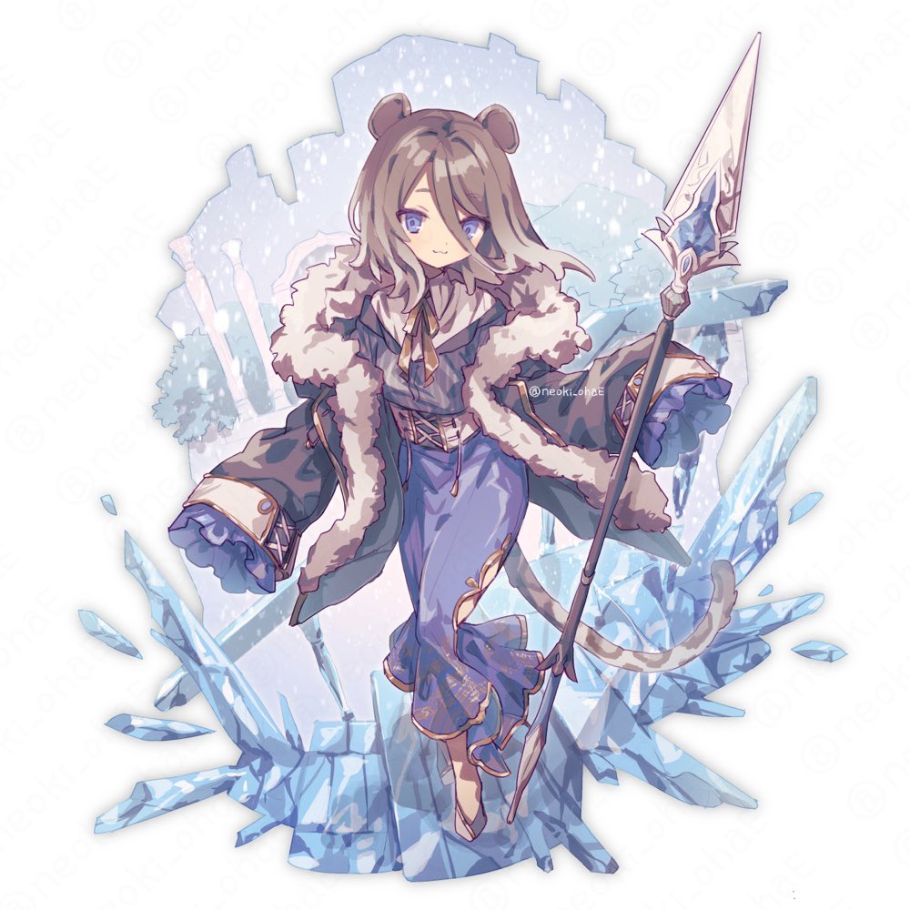 1girl :3 animal_ears black_shirt blue_dress blue_eyes brown_coat brown_hair brown_ribbon closed_mouth clothing_cutout coat collared_shirt column commentary corset dress english_commentary faux_figurine frilled_sleeves frills full_body fur-trimmed_coat fur_trim hair_between_eyes holding holding_polearm holding_weapon ice leg_cutout leopard_ears leopard_girl leopard_tail light_blush looking_at_viewer medium_hair neck_ribbon neoki_ohae open_clothes open_coat original outdoors pillar pinstripe_pattern pinstripe_shirt polearm ribbon shirt sleeves_past_fingers sleeves_past_wrists smile snowing solo standing striped tail tassel tree twitter_username watermark weapon white_corset white_shirt wing_collar