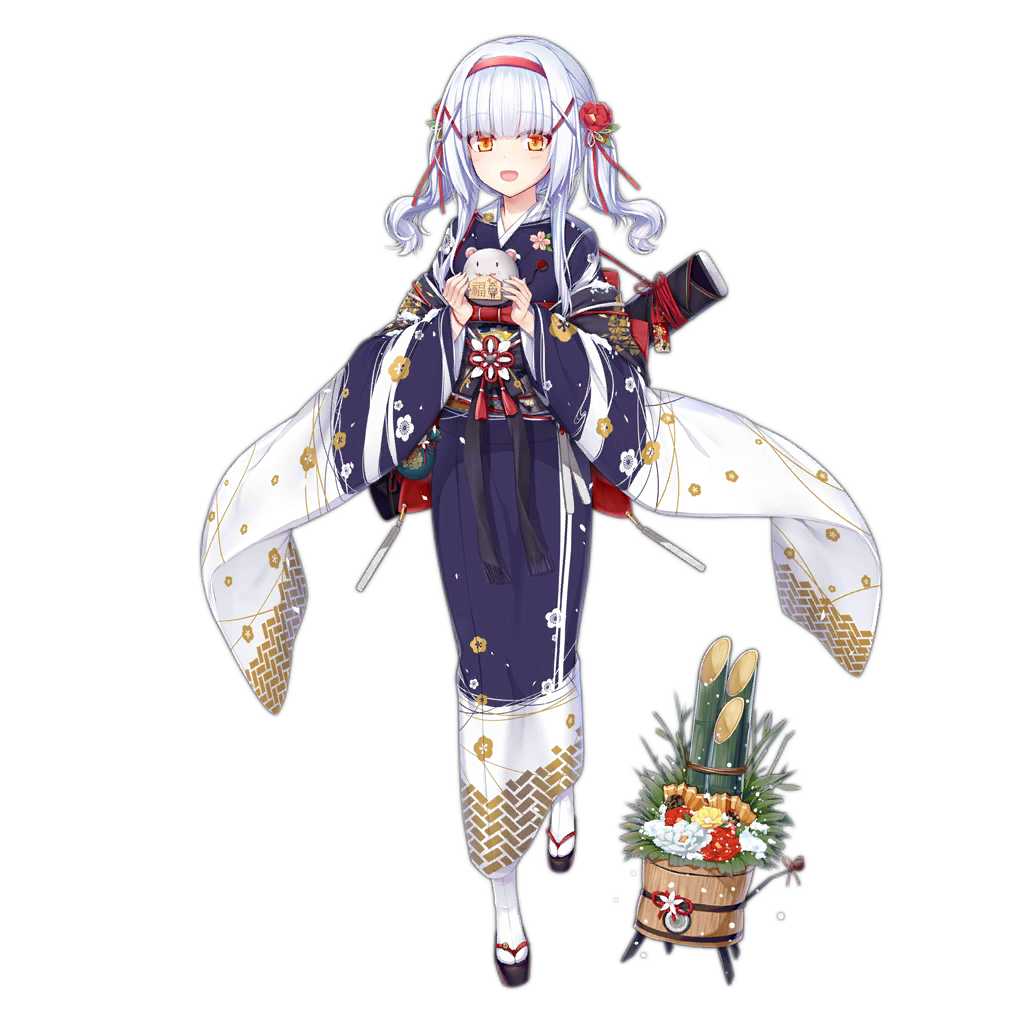 1girl :d animal_request bamboo_shoot blue_kimono dinergate_(girls'_frontline) ema flower flower_request full_body girls_frontline hair_flower hair_ornament hairband haluka_(aixioo) holding japanese_clothes kimono m1a1_(girls'_frontline) m1a1_(red_plum_and_white_snow)_(girls'_frontline) multicolored_clothes multicolored_kimono new_year no_eyewear non-humanoid_robot obi official_alternate_costume official_art open_mouth orange_eyes red_hairband robot sandals sangvis_ferri sash simple_background smile socks solo standing standing_on_one_leg toy transparent_background weapon_case white_hair white_kimono white_socks