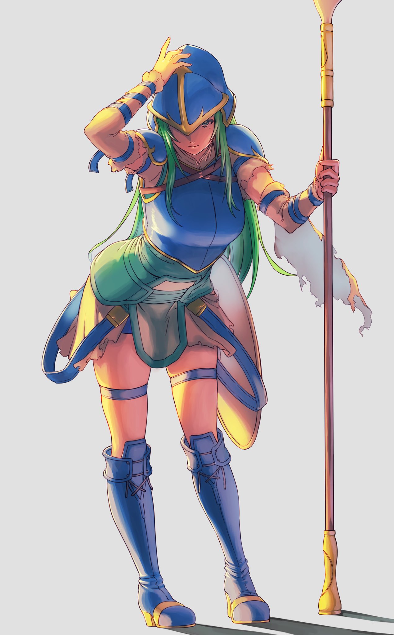 1girl aduti_momoyama armor armored_boots blue_armor blue_footwear boots breastplate detached_sleeves fire_emblem fire_emblem:_path_of_radiance green_eyes green_hair grey_background helmet highres holding holding_polearm holding_weapon leaning_forward long_hair looking_at_viewer nephenee_(fire_emblem) one_eye_covered polearm simple_background skirt solo spear weapon