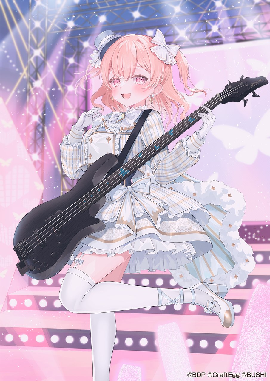 1girl bang_dream! bass_guitar bow breasts dress gloves grey_headwear hair_bow hat highres hiromachi_nanami instrument long_hair long_sleeves looking_at_viewer medium_breasts medium_hair mini_hat official_art open_mouth pink_eyes pink_hair standing standing_on_one_leg suzuho_hotaru thigh-highs two_side_up white_bow white_dress white_gloves white_thighhighs