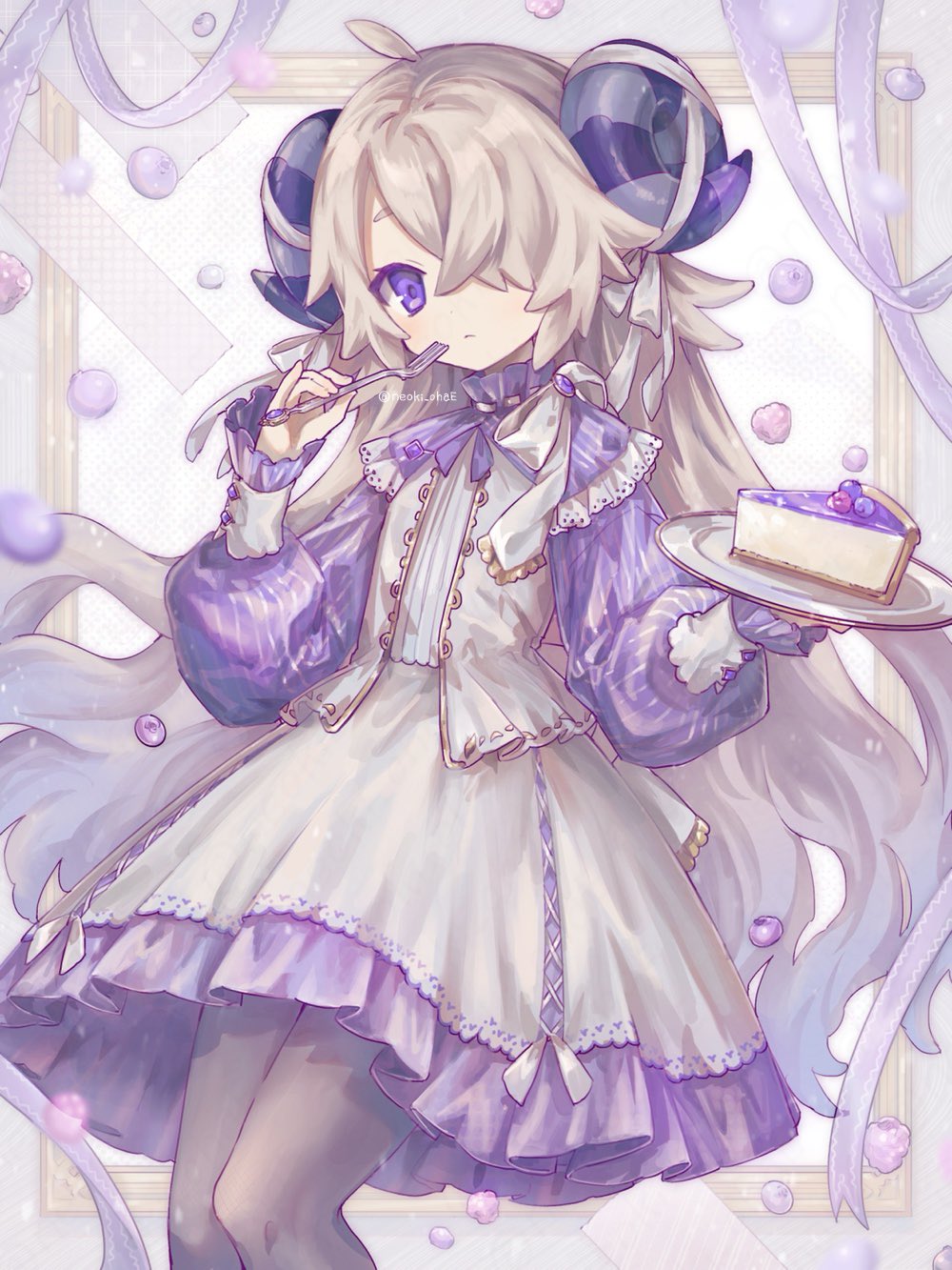 1girl ahoge berry black_pantyhose blonde_hair brooch cake cheesecake closed_mouth crossed_bangs curled_horns dress expressionless feet_out_of_frame food fork frilled_dress frilled_sleeves frills grey_horns hair_over_one_eye hands_up highres holding holding_fork holding_plate horns jewelry legs_together light_blush long_hair long_sleeves looking_at_viewer neoki_ohae one_eye_covered original pantyhose picture_frame pinstripe_dress pinstripe_pattern plate puffy_long_sleeves puffy_sleeves purple_dress purple_horns purple_ribbon ribbon sheep_horns solo striped striped_horns twitter_username very_long_hair violet_eyes watermark white_dress white_ribbon