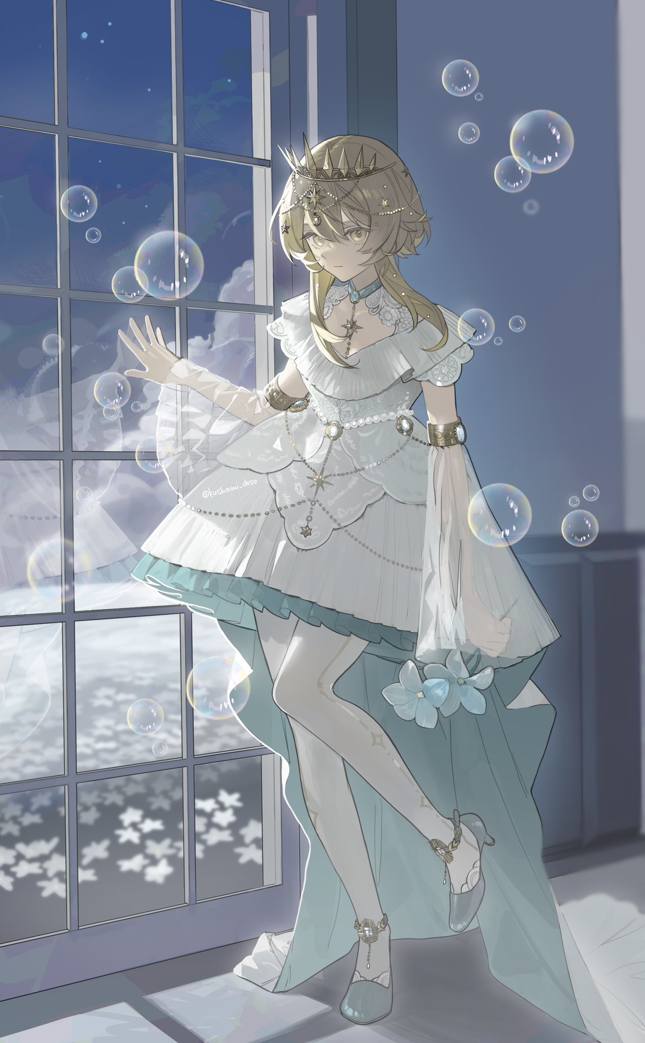 1girl adapted_costume artist_name blonde_hair blue_flower blue_footwear blue_gemstone blue_sky bobbles closed_mouth clouds cloudy_sky dress floor flower gem genshin_impact gold_trim hair_between_eyes hair_ornament hand_up high_heels highres holding holding_flower indoors kushami_deso leg_up long_sleeves looking_at_viewer lumine_(genshin_impact) night night_sky on_floor pantyhose reflection see-through see-through_sleeves shadow shoes short_hair short_hair_with_long_locks sidelocks sky sleeveless sleeveless_dress solo standing standing_on_one_leg star_(sky) star_(symbol) star_hair_ornament starry_sky tiara wall white_dress white_flower white_pantyhose wide_sleeves window yellow_eyes