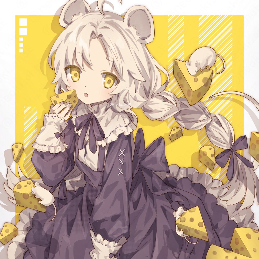 1girl :o ahoge animal animal_ears back_bow black_bow black_dress black_ribbon border bow braid cheese commentary cross-laced_clothes cross-laced_sleeves dress drop_shadow expressionless food frilled_dress frilled_sleeves frills grey_hair hair_ribbon hand_up holding holding_food layered_sleeves long_hair long_sleeves looking_at_viewer mouse mouse_ears mouse_girl mouse_tail neck_ribbon neoki_ohae open_mouth original outside_border pinstripe_dress pinstripe_pattern ribbon sleeves_past_wrists solo striped symbol-only_commentary tail tress_ribbon twin_braids twintails twitter_username very_long_hair watermark white_border white_ribbon yellow_background yellow_eyes yellow_ribbon