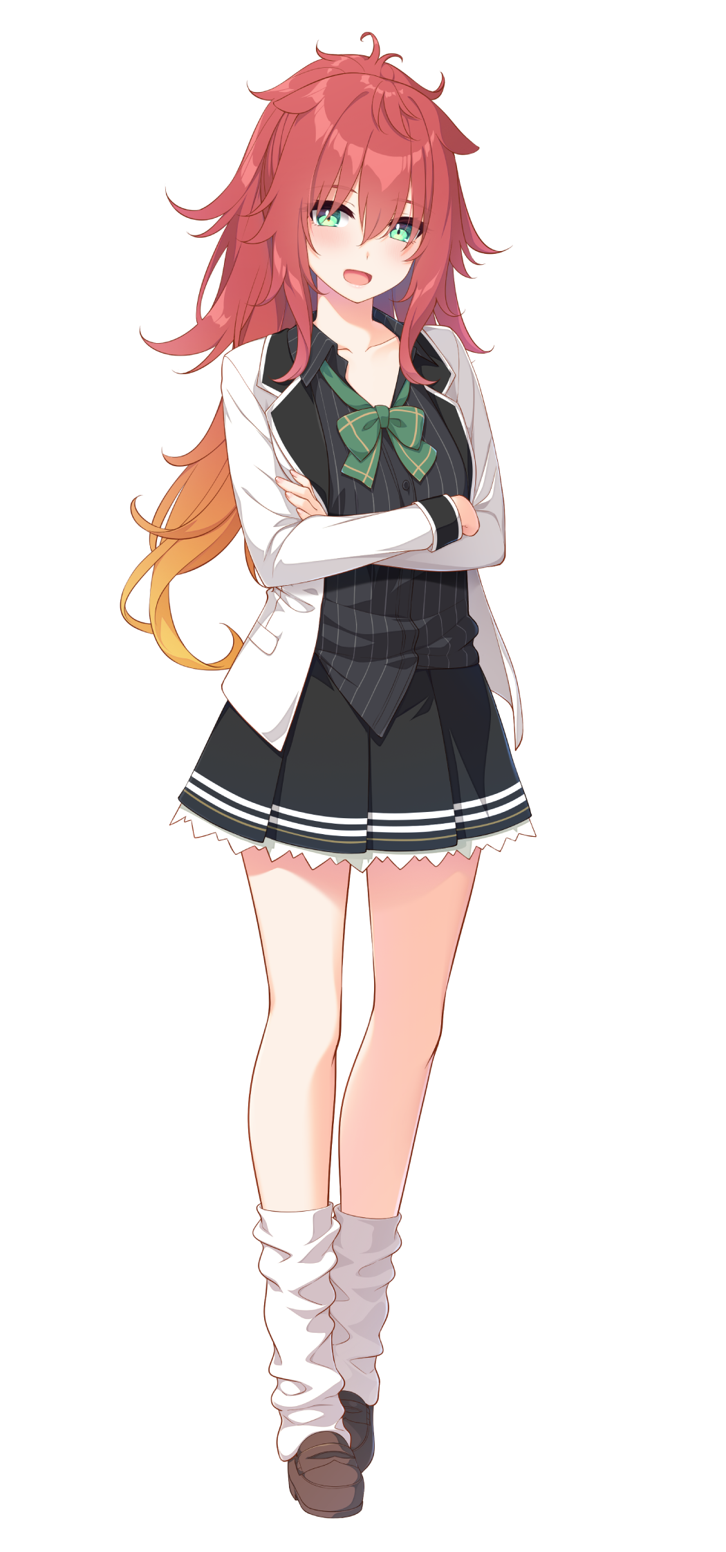 1girl black_skirt bow bowtie brown_footwear crossed_arms full_body go-1 gradient_hair green_eyes highres jacket koi_ni_wa_amae_ga_hitsuyou_desu loafers long_hair long_sleeves looking_at_viewer loose_bowtie loose_socks messy_hair miniskirt multicolored_hair non-web_source open_clothes open_jacket open_mouth pleated_skirt redhead shirt shishikura_ooga shoes skirt socks solo standing striped striped_shirt tachi-e transparent_background two-tone_hair