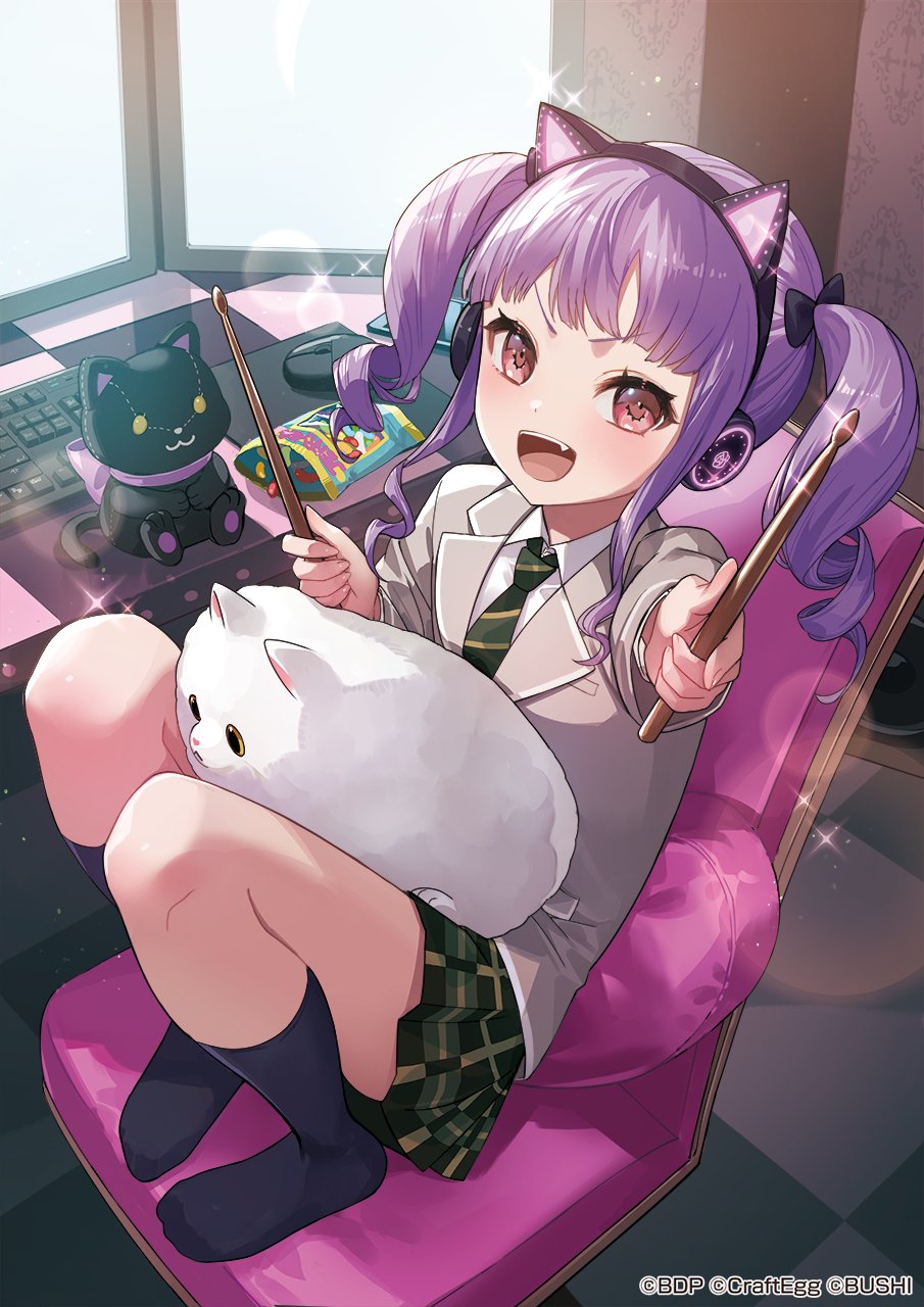 1girl animal_ears bang_dream! cat cat_ears drill_hair drumsticks fake_animal_ears fang haneoka_school_uniform highres long_hair long_sleeves looking_at_viewer nima_(niru54) official_art open_mouth pink_eyes pleated_skirt purple_hair school_uniform sitting skirt twin_drills twintails udagawa_ako