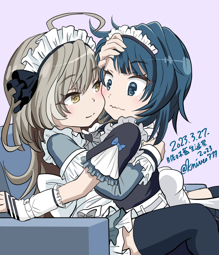 2girls ahoge aizawa_kazuha apron arm_up armchair assault_lily back_bow belt black_dress black_thighhighs blue_bow blue_eyes blue_hair blush bow bowtie chair cheek-to-cheek closed_mouth commentary_request dated detached_sleeves dress eye_contact frilled_apron frilled_dress frilled_sleeves frills from_side grey_belt grey_bow grey_bowtie grey_dress grey_hair hair_between_eyes hand_on_another's_back hand_on_another's_head hand_up hashtag heads_together knives_(knives777) long_hair looking_at_another maid maid_headdress medium_hair multicolored_hair multiple_girls official_alternate_costume on_chair purple_background sasaki_ran short_sleeves simple_background sitting sleeve_bow sleeve_cuffs sleeves_past_wrists smile streaked_hair thigh-highs translated twitter_username waist_apron wavy_mouth white_apron white_bow yellow_eyes yuri