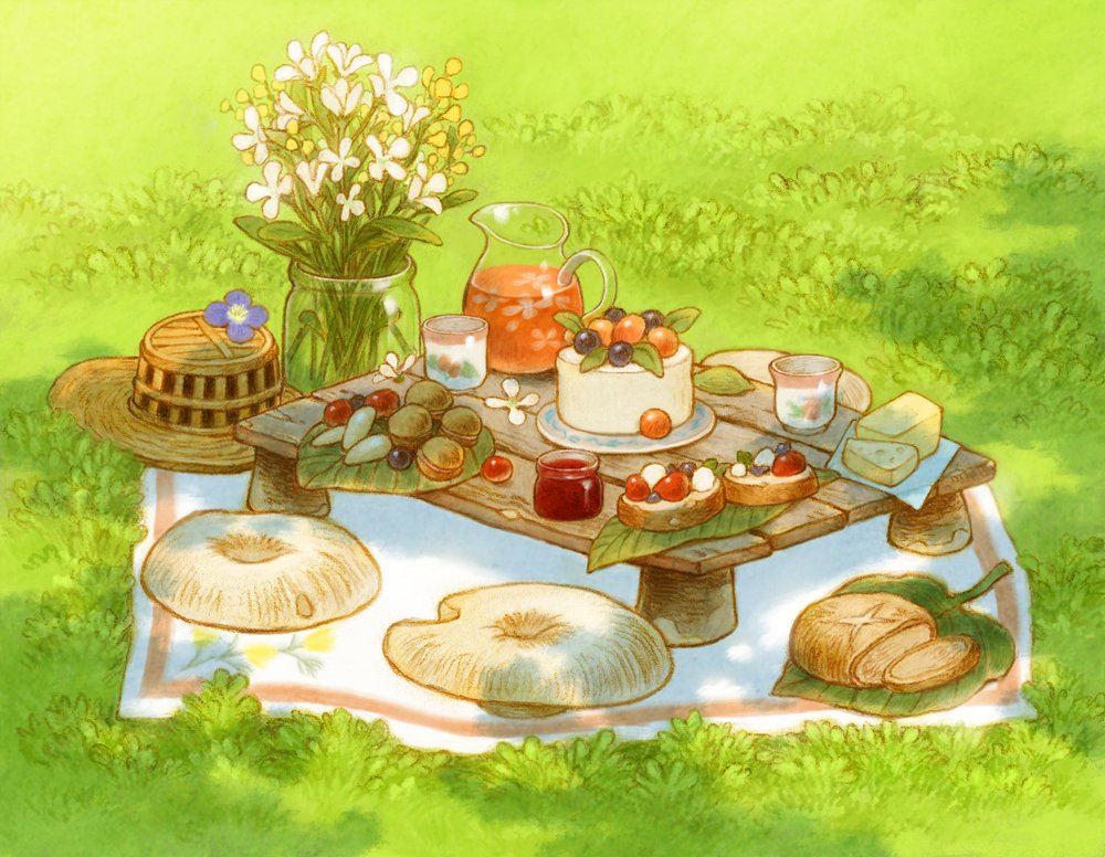 berry blue_flower bread cake cheese flower food hat jam jug_(bottle) leaf mogoshin no_humans nut_(food) on_grass original outdoors picnic sandwich still_life straw_hat sunlight white_flower yellow_flower