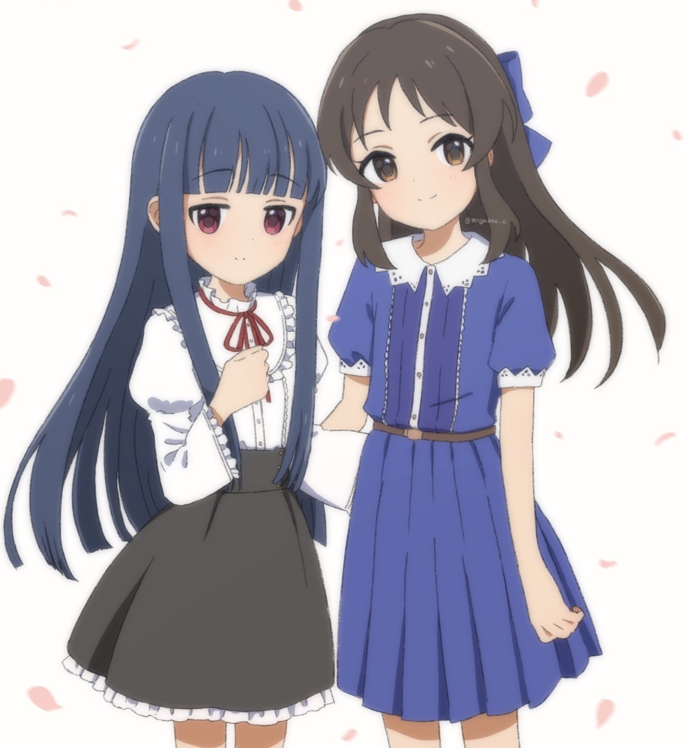 2girls black_skirt blue_bow blue_dress blue_hair bow brown_eyes brown_hair buttons clenched_hand collar commentary_request dot_nose dress flat_chest frilled_shirt frilled_skirt frilled_sleeves frills hair_bow hand_on_another's_back hand_up highres idolmaster idolmaster_cinderella_girls juliet_sleeves light_blush long_hair long_sleeves looking_at_viewer megabee_e multiple_girls petals pleated_dress puffy_sleeves red_eyes red_ribbon ribbon sajo_yukimi shirt short_sleeves sidelocks skirt smile tachibana_arisu twitter_username white_background white_collar white_shirt