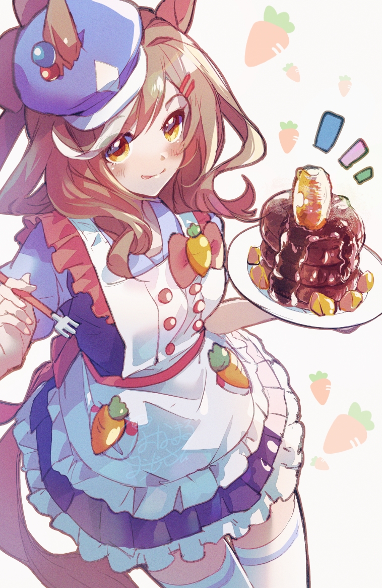 1girl animal_ears apron blush breasts brown_hair carrot closed_mouth cowboy_shot ears_through_headwear fork hair_ornament hairclip hamburger_steak hanaozi_hin hat holding holding_fork holding_plate horse_ears horse_girl horse_tail licking_lips long_hair looking_at_viewer matikane_tannhauser_(umamusume) multicolored_hair notice_lines plate purple_shirt purple_skirt school_uniform shirt skirt small_breasts solo streaked_hair tail thigh-highs tongue tongue_out tracen_school_uniform umamusume white_thighhighs yellow_eyes