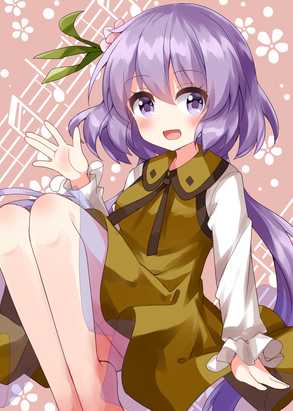 1girl barefoot beamed_sixteenth_notes blush dress flower hair_between_eyes hair_flower hair_ornament highres long_hair long_sleeves looking_at_viewer musical_note open_mouth pink_flower purple_hair quarter_note ruu_(tksymkw) smile solo touhou tsukumo_benben violet_eyes yellow_dress