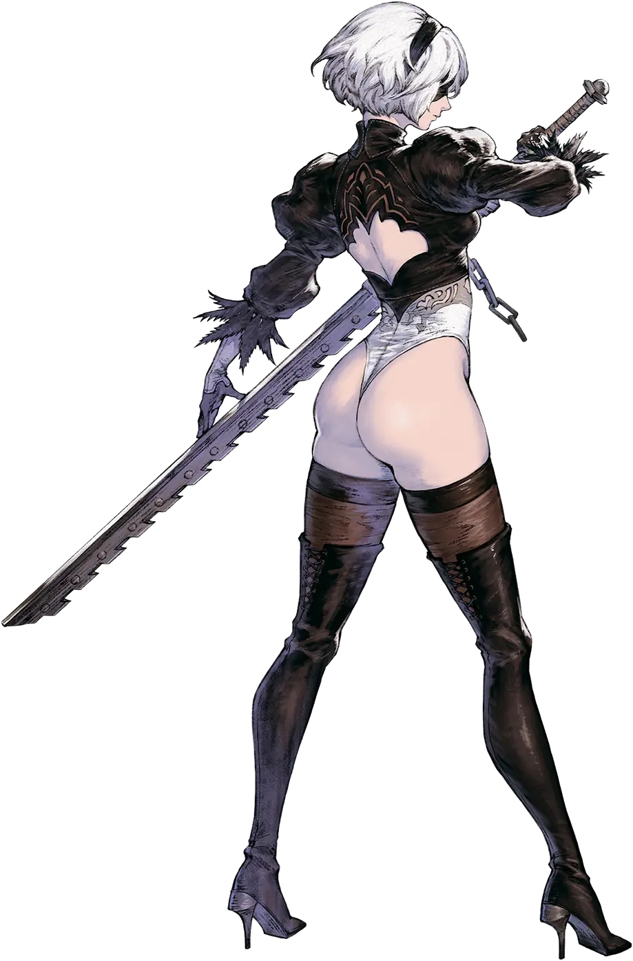 1girl ass back_cutout black_blindfold black_footwear black_hairband blindfold boots chain clothing_cutout covered_eyes feather-trimmed_sleeves feather_trim full_body hairband high_heels highres holding holding_sword holding_weapon juliet_sleeves leotard long_sleeves nier_(series) nier_reincarnation non-web_source official_art profile puffy_sleeves solo standing sword thigh-highs thigh_boots thighhighs_under_boots thong_leotard transparent_background weapon yorha_no._2_type_b yoshida_akihiko