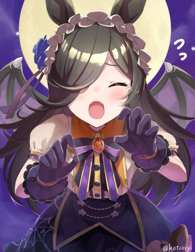 1girl :o animal_ears artist_name closed_eyes crying demon_wings dress fake_wings fangs flower full_body full_moon gloves hair_flower hair_ornament hair_over_one_eye halloween horse_ears horse_girl kotorigi_yotsuba moon night night_sky open_mouth purple_flower purple_gloves purple_rose purple_skirt rice_shower_(make_up_vampire!)_(umamusume) rice_shower_(umamusume) rose short_sleeves skirt sky solo tears umamusume upper_body white_dress wings