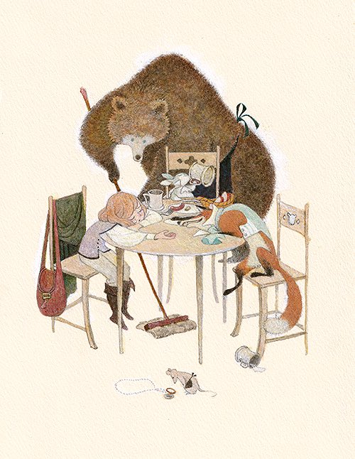 1boy apron bag bear cup drinking food fork fox grey_vest handbag holding holding_cup holding_mop jewelry light_brown_hair male_child mop mouse on_chair original outstretched_arm pendant plate rabbit sausage shio_mamedaifuku sleeping table vest waist_apron