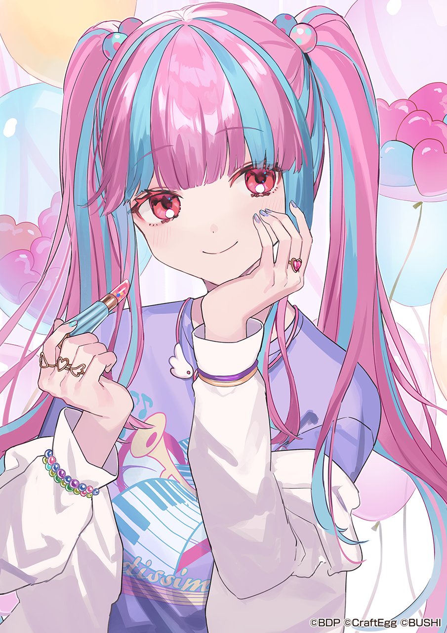 1girl balloon bang_dream! blue_hair blunt_bangs cosmetics heart_balloon highres holding holding_lipstick_tube jewelry light_blue_hair lipstick_tube long_hair long_sleeves looking_at_viewer multicolored_hair multiple_rings nyubara_reona off_shoulder official_art pink_eyes pink_hair purple_nails ring sarong shugao smile twintails two-tone_hair