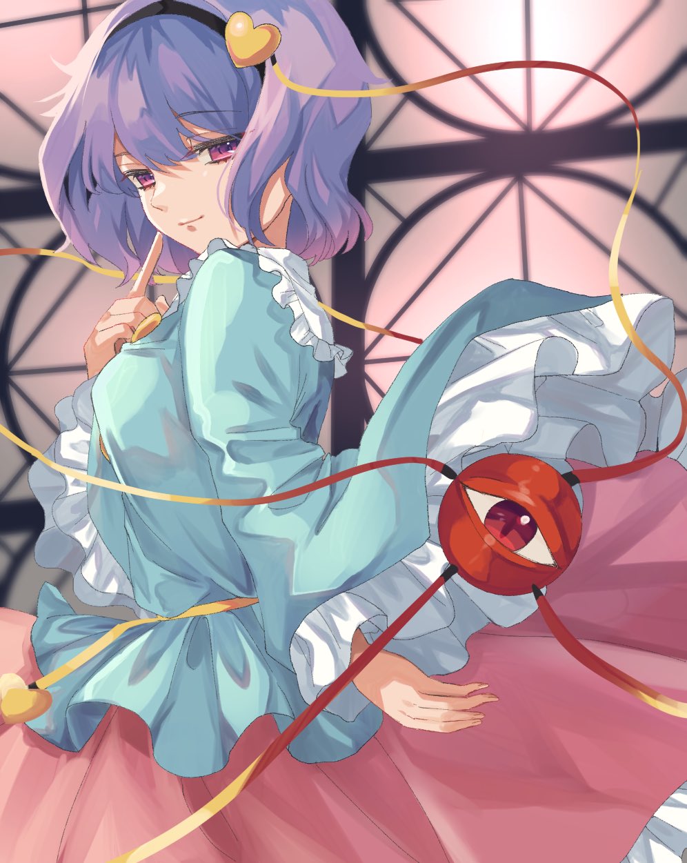 1girl black_hairband blue_shirt closed_mouth eyeball fingernails frilled_sleeves frills hair_between_eyes hair_ornament hairband heart heart_hair_ornament highres komeiji_satori long_sleeves pink_eyes pink_skirt purple_hair shirt shisui0202 short_hair skirt solo third_eye touhou wide_sleeves