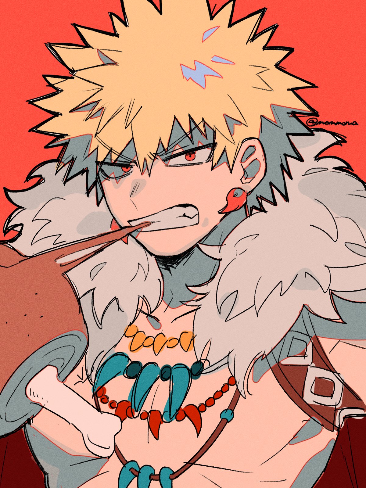 1boy bakugou_katsuki biting blonde_hair boku_no_hero_academia cape earrings eating food fur-trimmed_cape fur_trim highres holding holding_food jewelry male_focus meat muscular muscular_male nns146 official_alternate_costume red_eyes short_hair solo spiky_hair upper_body