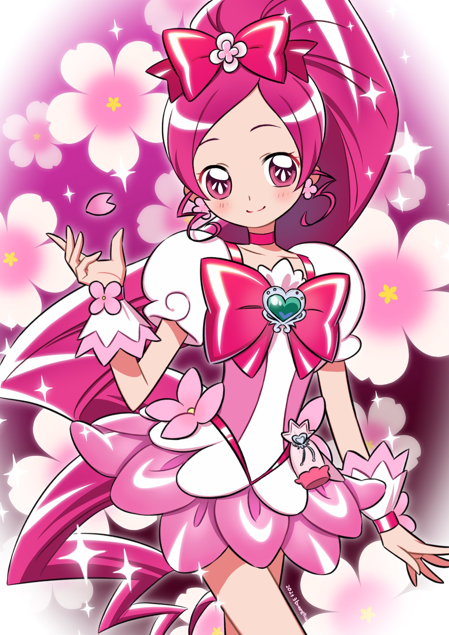 1girl brooch bun_(jewd5385) cherry_blossoms choker cure_blossom dress earrings flower_earrings heart_brooch high_ponytail highres jewelry long_hair magical_girl petals pink_background pink_choker pink_dress pink_theme precure puffy_sleeves smile solo