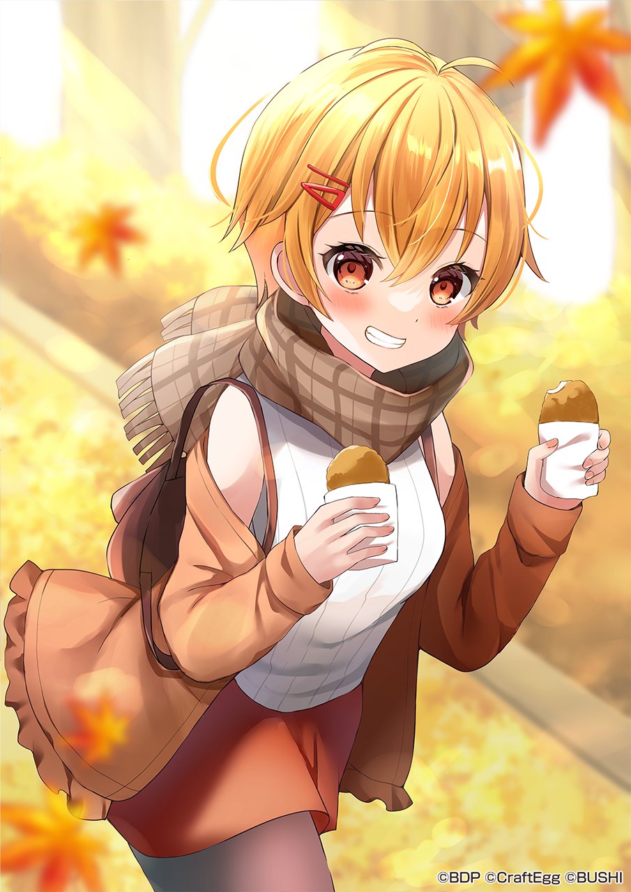 1girl autumn_leaves bang_dream! brown_eyes brown_scarf food grin hamico highres holding holding_food kitazawa_hagumi leaf long_sleeves looking_at_viewer maple_leaf off_shoulder official_art orange_hair roasted_sweet_potato scarf short_hair smile sweet_potato