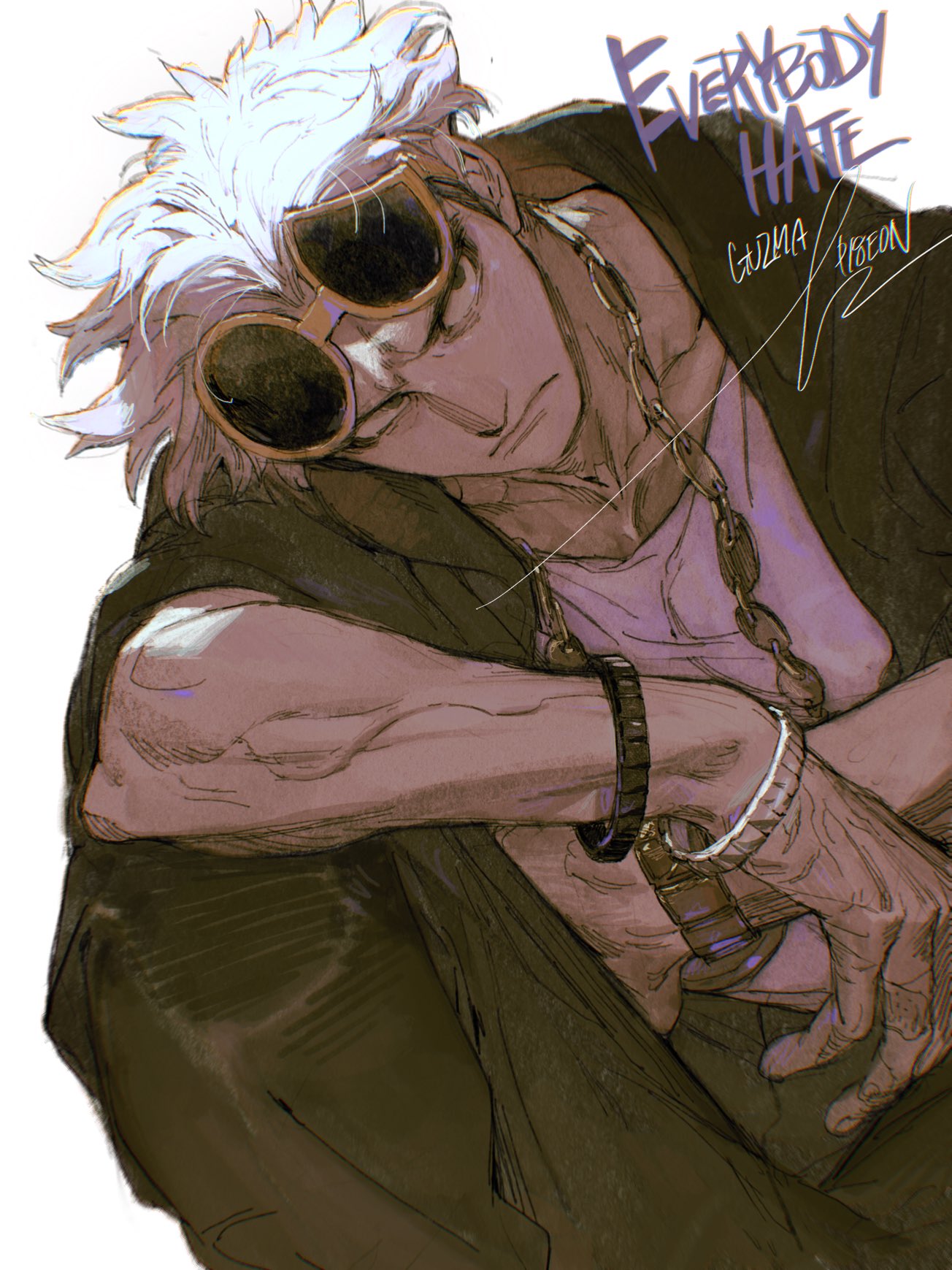 1boy black_jacket black_pants bracelet character_name closed_mouth commentary_request eyewear_on_head frown guzma_(pokemon) highres hood hooded_jacket jacket jewelry korean_commentary male_focus pants pigeon666 pokemon pokemon_(game) pokemon_sm shirt short_sleeves sunglasses watch watch white_background white_hair white_shirt yellow-framed_eyewear