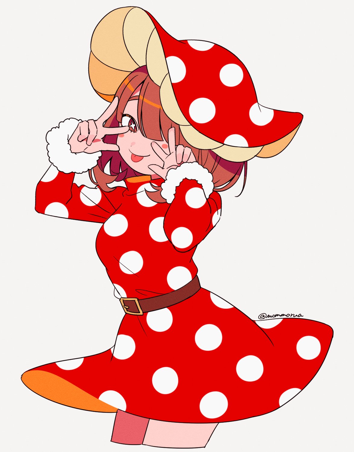 1girl belt boku_no_hero_academia brown_hair double_v dress hair_over_one_eye hands_up highres komori_kinoko looking_at_viewer mushroom_girl mushroom_hat nns146 polka_dot polka_dot_dress polka_dot_headwear red_dress simple_background solo standing symbol-shaped_pupils tongue tongue_out v white_background x-shaped_pupils