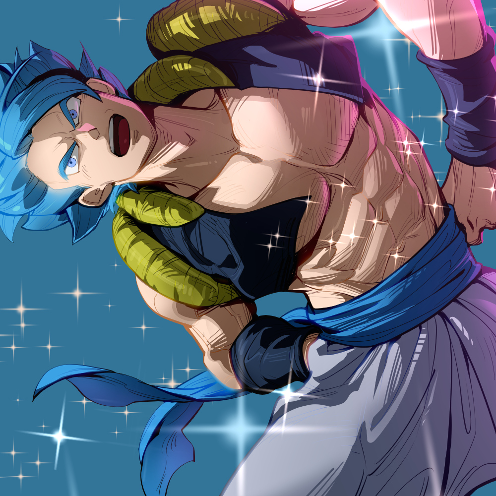 1boy abs bare_pectorals bare_shoulders blue_eyes collarbone cropped_jacket dragon_ball dragon_ball_super dragon_ball_super_broly dutch_angle fusion gogeta jacket male_focus muscular muscular_male open_clothes open_jacket out_of_frame pectorals sparkle spiky_hair super_saiyan super_saiyan_blue supobi teeth upper_teeth_only
