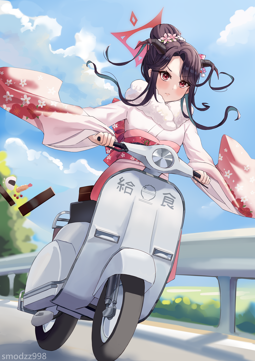 1girl bento black_hair blue_archive blue_sky blunt_bangs blurry clouds cloudy_sky commentary demon_girl demon_horns depth_of_field flower food forehead fruit fur_scarf fuuka_(blue_archive) fuuka_(new_year)_(blue_archive) guard_rail hair_flower hair_ornament halo highres holding horns japanese_clothes kimono long_hair long_sleeves motor_vehicle motorcycle obi obiage official_alternate_costume on_motorcycle on_scooter onigiri parted_bangs red_eyes riding road sash scooter shrimp shrimp_tempura sidelocks sitting sky smodzz998 solo tempura tree umeboshi wide_sleeves wind