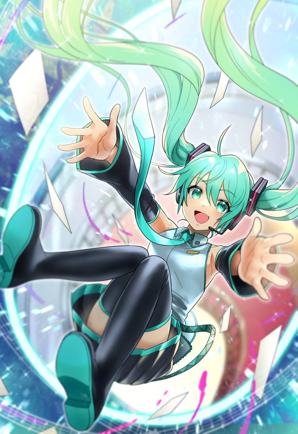 1girl aqua_eyes aqua_hair aqua_necktie armpits black_footwear black_skirt blush boots collared_shirt detached_sleeves falling full_body hair_ornament hatsune_miku highres kikuchi_mataha long_sleeves necktie open_mouth paper pleated_skirt shirt skirt sleeveless sleeveless_shirt solo sparkle thigh_boots vocaloid white_shirt wide_sleeves