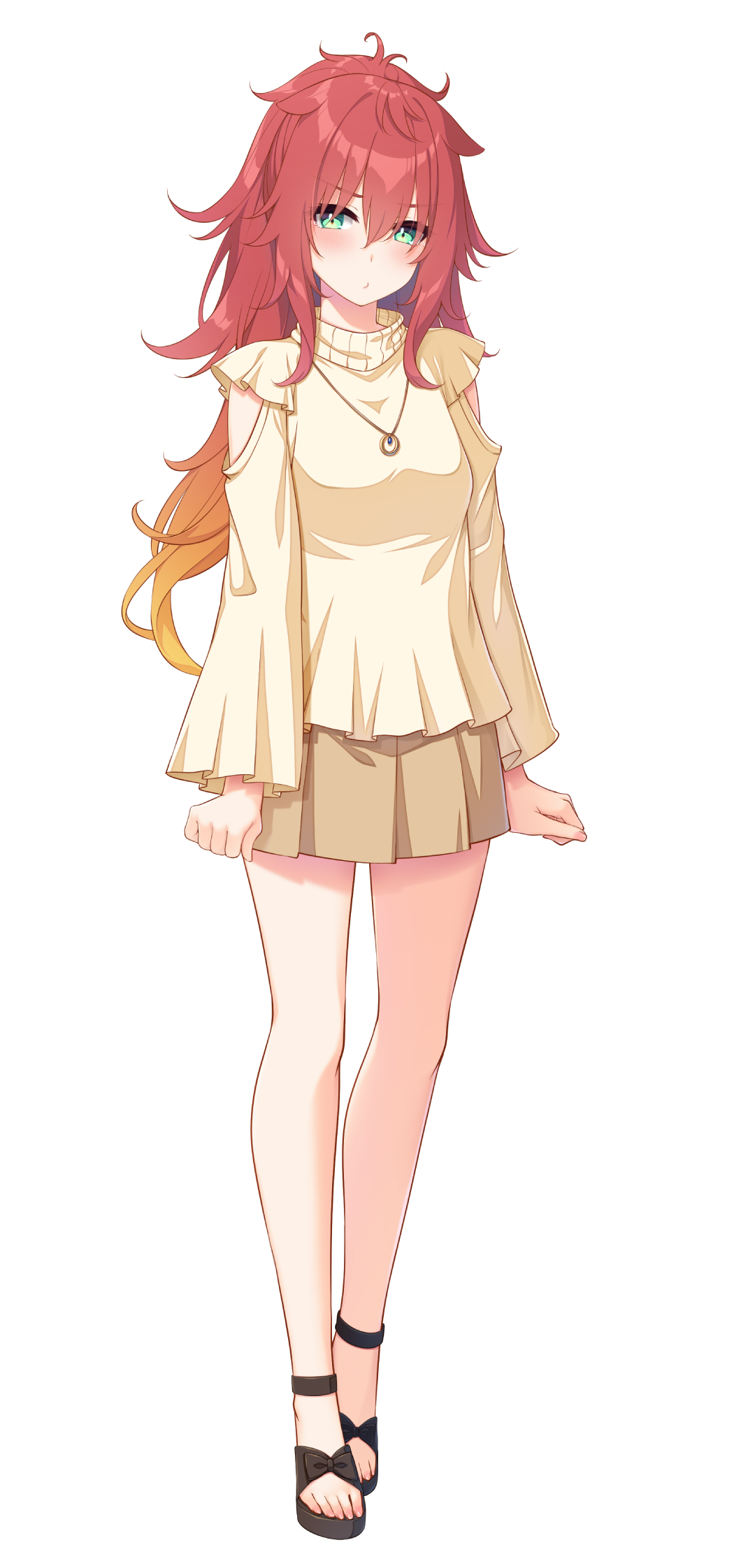 1girl blush full_body go-1 gradient_hair green_eyes highres jewelry koi_ni_wa_amae_ga_hitsuyou_desu long_hair long_sleeves looking_at_viewer messy_hair miniskirt multicolored_hair necklace non-web_source pleated_skirt redhead shishikura_ooga skirt solo standing strappy_heels tachi-e transparent_background two-tone_hair