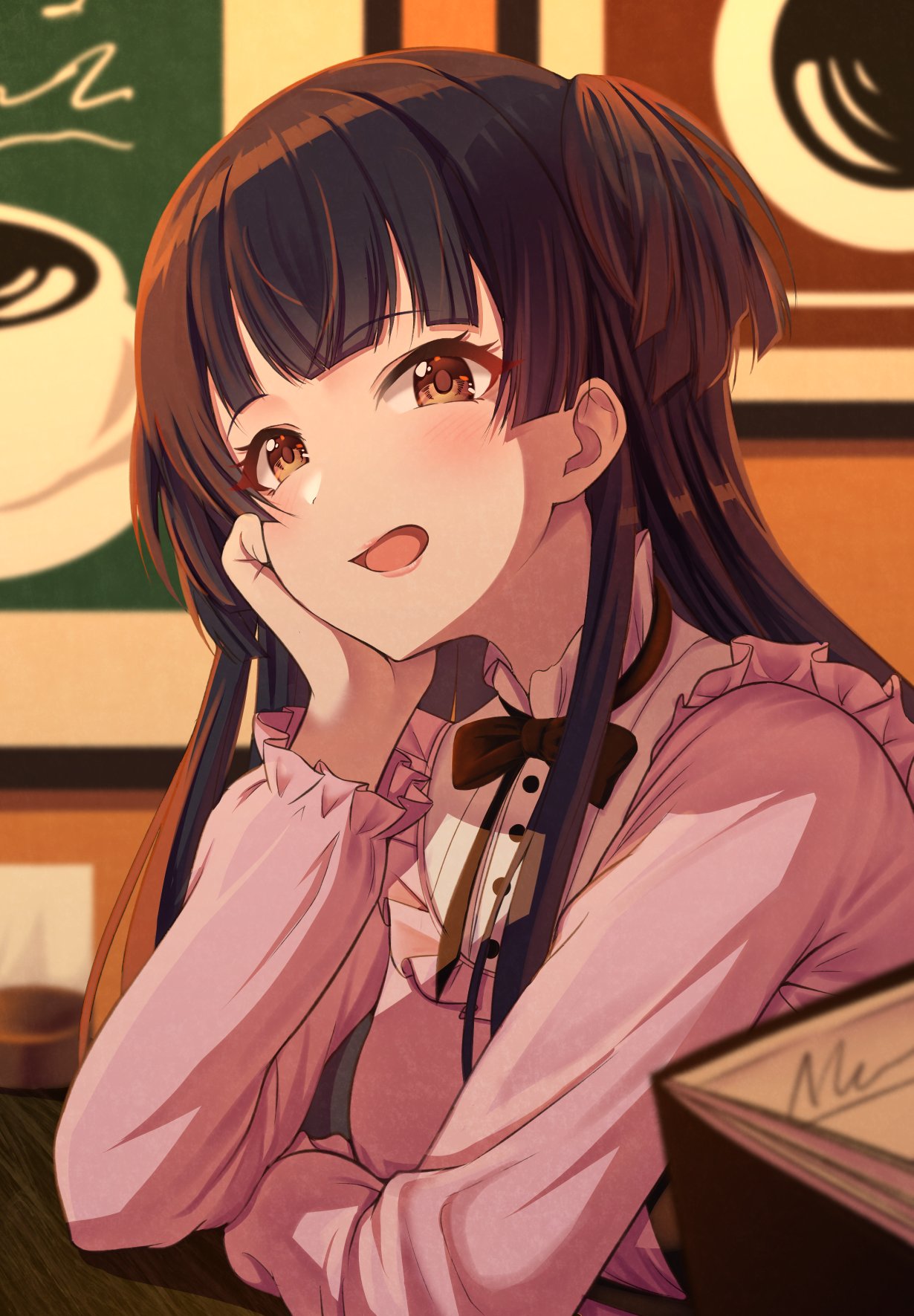 1girl arm_on_table black_hair black_ribbon blunt_bangs blush bow brown_eyes coffee dot_nose elbow_on_table frills head_rest highres idolmaster idolmaster_shiny_colors indoors jacket long_hair long_sleeves looking_at_viewer mayuzumi_fuyuko menu_board open_mouth osoba_susurukun picture_frame pink_jacket ribbon shirt skirt smile solo two_side_up white_shirt