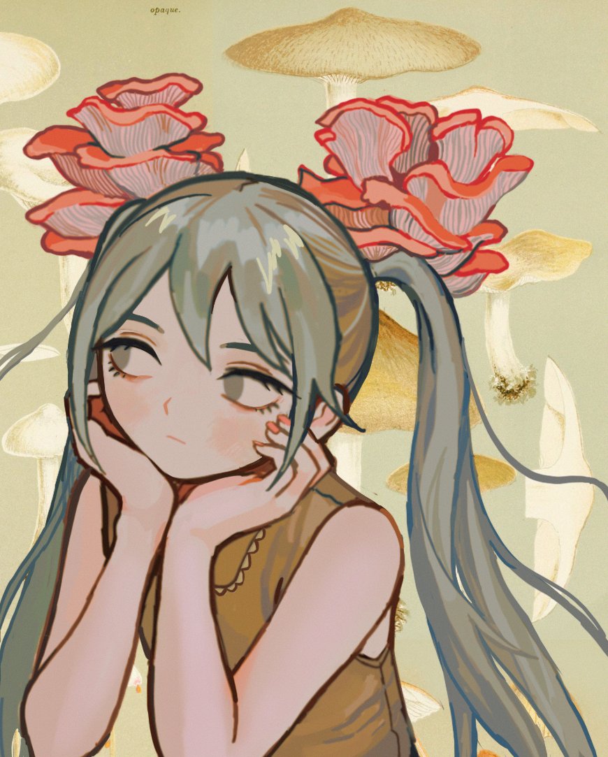 1girl expressionless flower green_background green_eyes green_hair hair_flower hair_ornament hands_on_own_face hatsune_miku io_(onisarashi) long_hair looking_to_the_side mushroom red_nails shirt sleeveless solo twintails very_long_hair vocaloid yellow_shirt