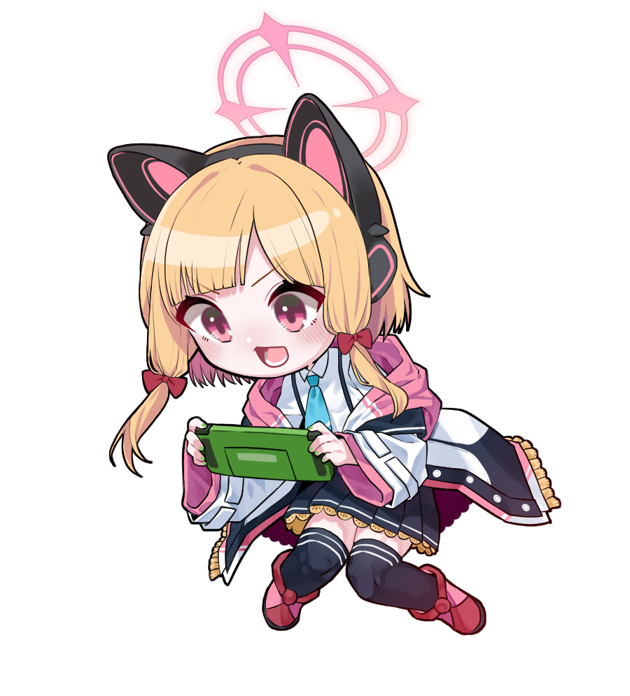 1girl animal_ear_headphones animal_ears b.t._(boob_tong) black_thighhighs blonde_hair blue_archive blue_necktie blush bow cat_ear_headphones chibi controller fake_animal_ears full_body game_controller hair_bow halo handheld_game_console headphones holding holding_handheld_game_console jacket momoi_(blue_archive) multicolored_clothes multicolored_jacket necktie open_mouth red_bow red_eyes red_footwear short_hair simple_background solo thigh-highs white_background zettai_ryouiki