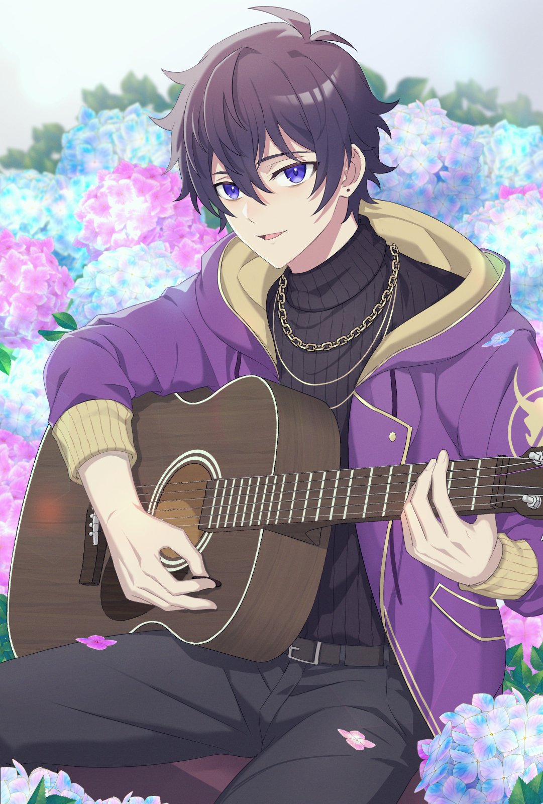 1boy belt black_hair black_pants black_sweater blanc1771 chain_necklace earrings flower guitar highres holding holding_instrument hydrangea indie_virtual_youtuber instrument jacket jewelry long_sleeves looking_at_viewer male_focus music necklace open_mouth pants playing_instrument purple_jacket short_hair shoto_(vtuber) smile solo sweater violet_eyes virtual_youtuber