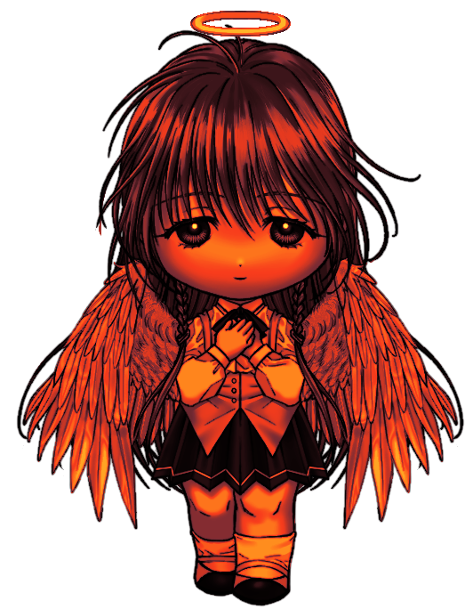 1girl ahoge angel angel_wings black_skirt braid chibi collared_shirt feathered_wings full_body halo hands_on_own_chest long_hair looking_at_viewer masatokinaino own_hands_together pleated_skirt sayonara_wo_oshiete school_uniform shirt side_braids simple_background skirt smile socks solo straight-on sugamo_mutsuki vest white_background white_shirt wings