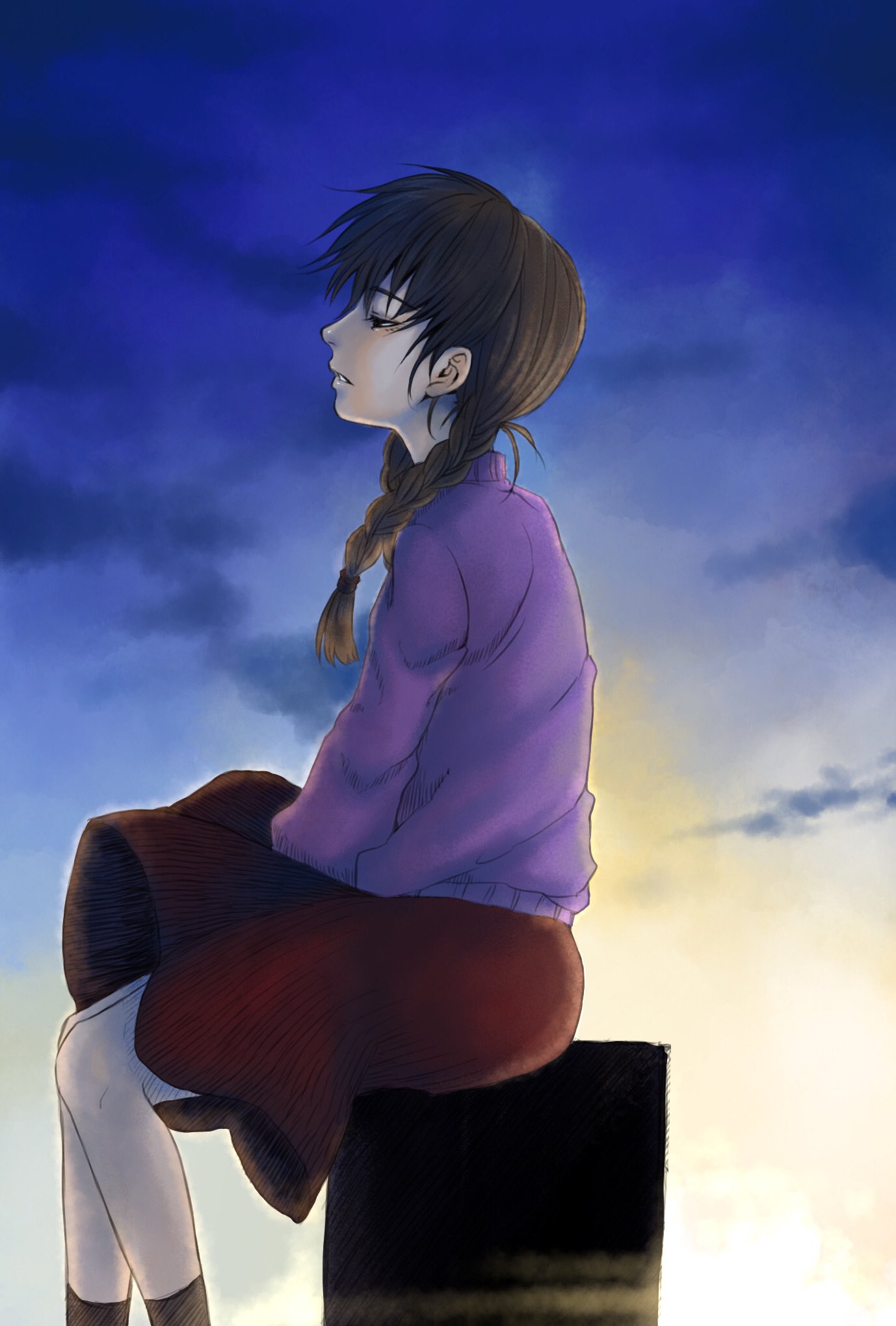 1girl black_eyes black_socks blue_sky braid brown_hair clouds commentary_request expressionless from_side highres long_hair madotsuki parted_lips profile purple_sweater red_skirt saitou_nekoichi sitting skirt sky socks solo sweater twin_braids yume_nikki