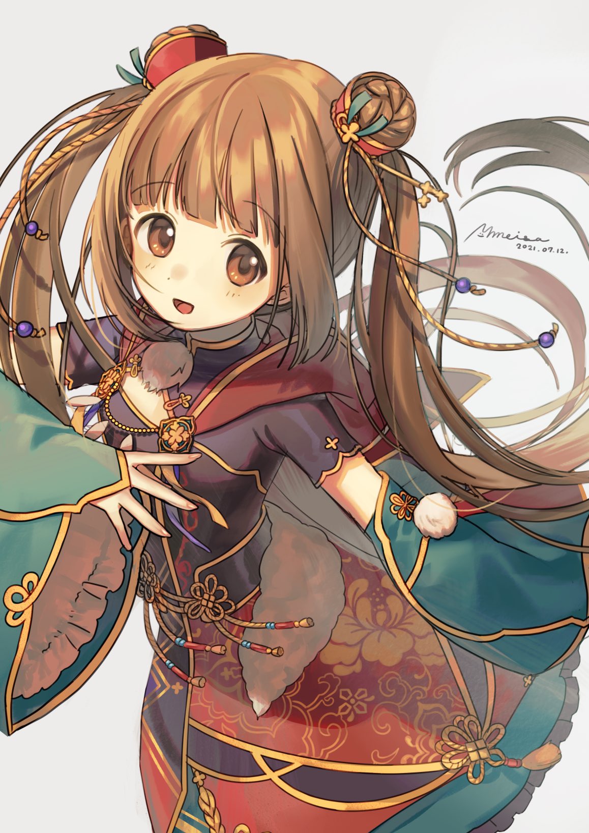 1girl artist_name blunt_bangs blush breasts brown_eyes brown_hair bun_cover dated detached_sleeves double_bun dress floral_print hair_bun highres idolmaster idolmaster_cinderella_girls idolmaster_cinderella_girls_starlight_stage long_hair looking_at_viewer meisa multicolored_clothes multicolored_dress open_mouth short_sleeves simple_background small_breasts solo very_long_hair white_background wide_sleeves yorita_yoshino
