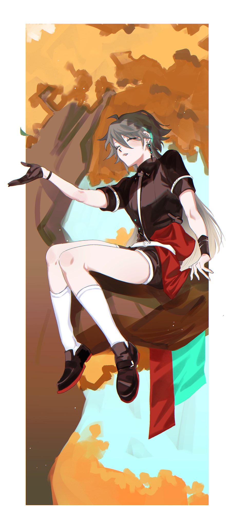 1boy aged_down autumn_leaves belt black_footwear black_shirt black_shorts border closed_eyes collared_shirt earrings falling_leaves full_body gloves green_hair green_sash grey_hair hair_between_eyes hand_up highres honkai_(series) honkai_impact_3rd imai_megane in_tree jewelry knees_together_feet_apart leaf light_particles loafers long_hair male_child male_focus multicolored_hair necktie outside_border outstretched_hand parted_lips red_sash sash shirt shoes short_sleeves shorts single_earring single_glove sitting sitting_in_tree socks solo streaked_hair su_(honkai_impact) tree white_belt white_border white_necktie white_socks wristband