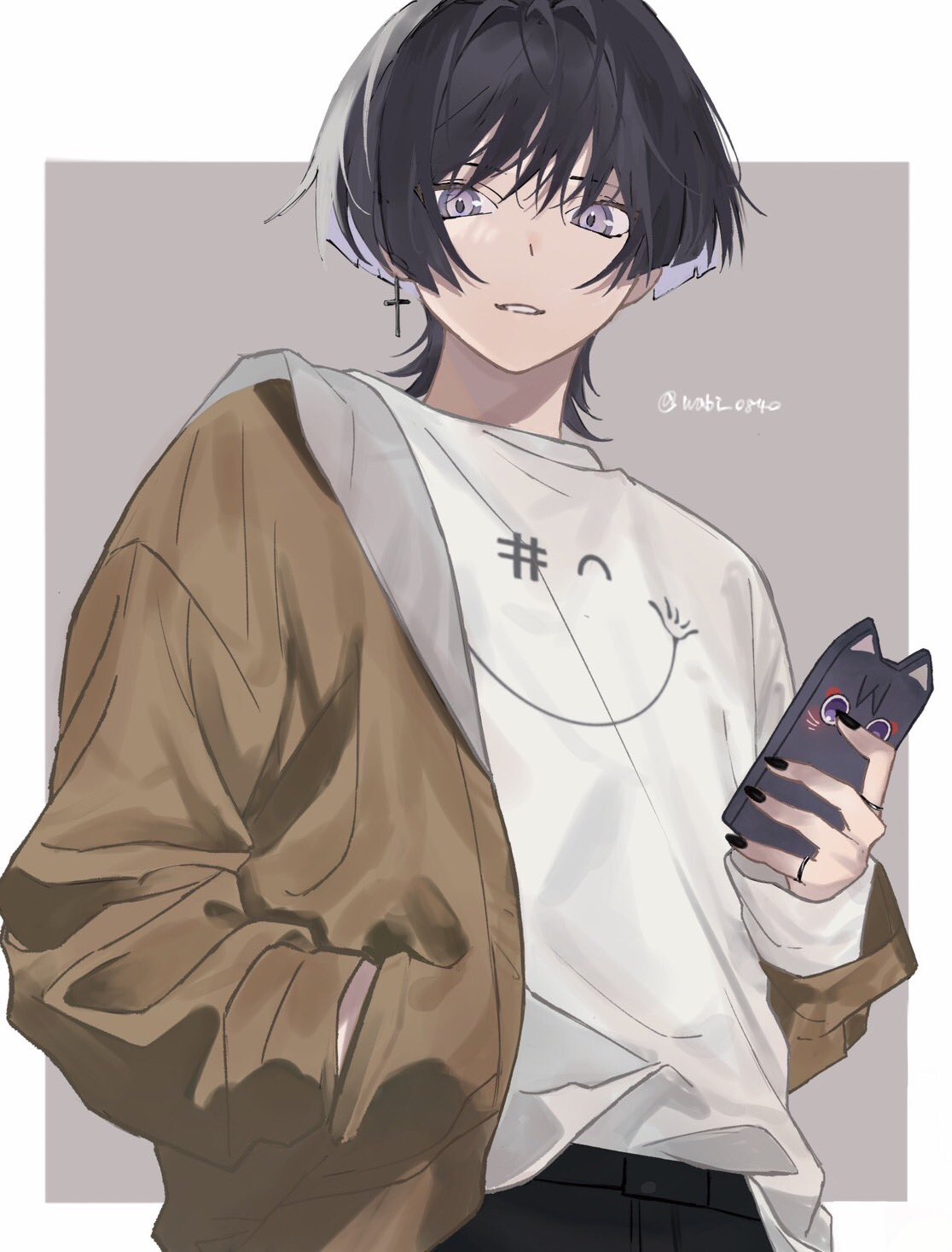 1boy black_hair black_nails black_pants brown_jacket cellphone cross cross_earrings earrings genshin_impact hand_in_pocket highres jacket jewelry male_focus open_clothes open_jacket pants parted_lips phone ring scaramouche_(genshin_impact) single_earring smartphone solo violet_eyes wabi_0840