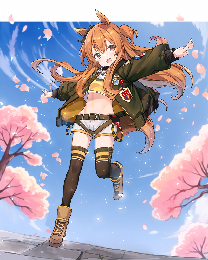 1girl animal_ears arms_up belt black_thighhighs boots brown_eyes brown_footwear brown_hair brown_jacket cherry_blossoms clouds full_body horse_ears horse_girl horse_tail jacket leg_lift leg_up long_hair looking_at_viewer luckyeldayo mayano_top_gun_(umamusume) midriff navel open_mouth outdoors outstretched_arms petals shirt short_shorts shorts sky smile solo standing standing_on_one_leg tail thigh-highs thighs tree two_side_up umamusume white_shorts yellow_shirt