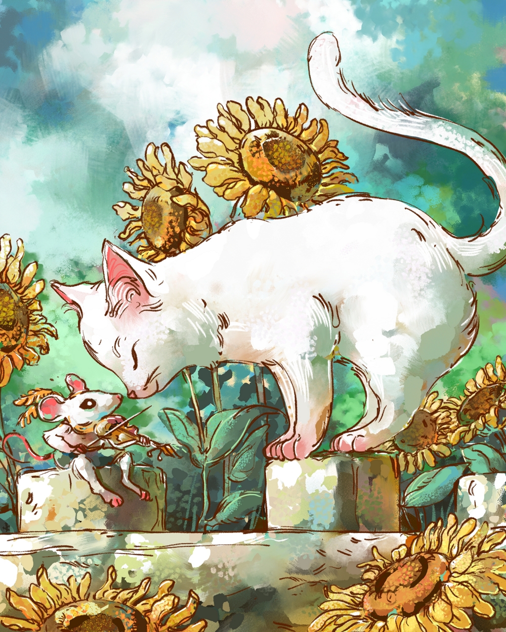 animal cat closed_eyes flower highres holding holding_instrument instrument john_ramsey mouse no_humans original sunflower violin