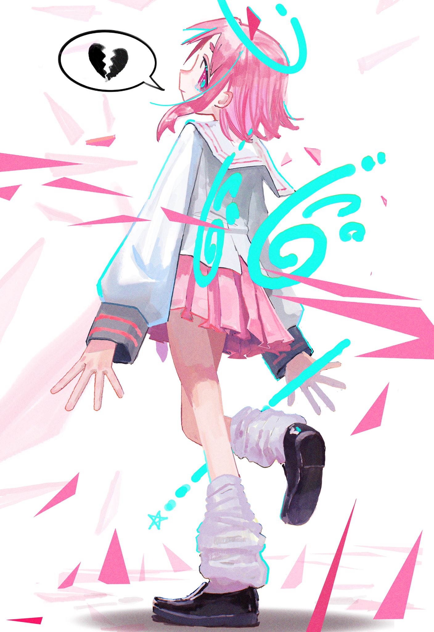 1girl arms_at_sides broken_heart closed_mouth drawn_wings floating_hair from_behind full_body halo heart highres leg_warmers light_smile magan0301 neon_trim open_hands original pink_eyes pink_hair pink_skirt pleated_skirt sailor_collar school_uniform serafuku shirt shoes shooting_star_(symbol) short_hair sidelocks skirt solo spoken_heart standing standing_on_one_leg tareme thick_eyebrows white_sailor_collar white_shirt