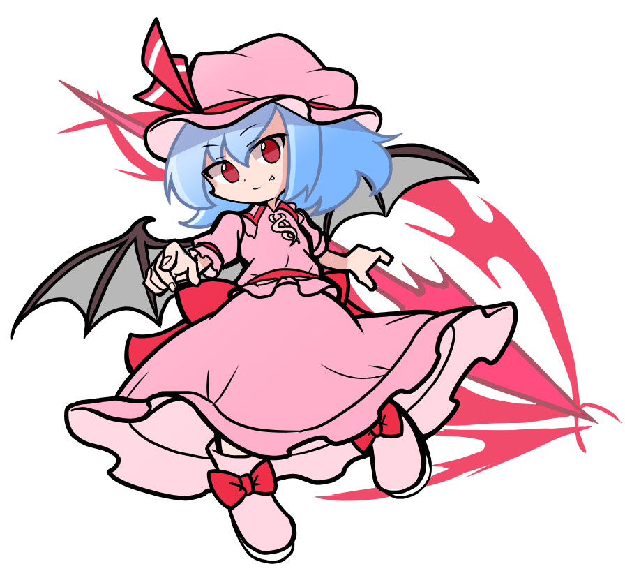 1girl bat_wings blue_hair bow closed_mouth fang footwear_bow full_body hat hat_ribbon looking_at_viewer parody pink_footwear pink_headwear pink_shirt pink_skirt puyopuyo red_bow red_eyes red_ribbon remilia_scarlet ribbon shinmon_akika shirt short_hair short_sleeves simple_background skirt smile solo spear_the_gungnir style_parody touhou white_background wings