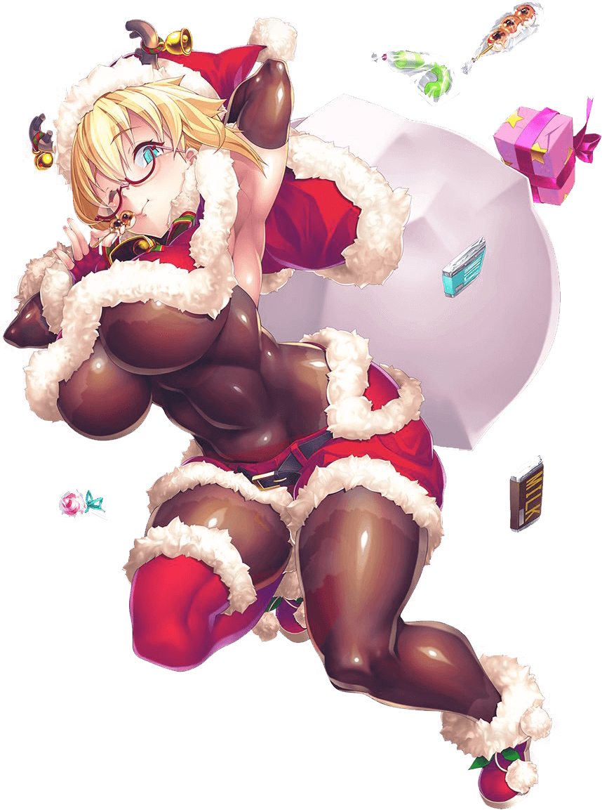 arm_behind_back asymmetrical_legwear bell blonde_hair bodysuit boots christmas_ornaments deer_head fur-trimmed_headwear fur_trim gift hat jingle_bell lilith-soft potion_(moudamepo) red_footwear sack santa_costume santa_hat shinohara_mari short_hair taimanin_(series) taimanin_rpgx