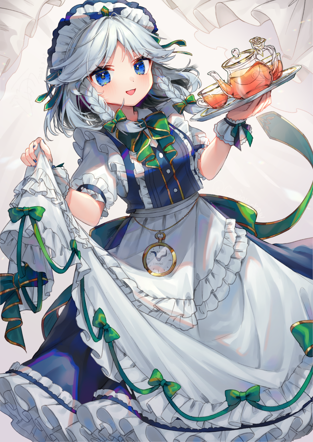 1girl adapted_costume apron black_tea blue_eyes blue_nails blue_skirt blue_vest blush braid cup fingernails frilled_apron frilled_skirt frills grey_hair gunjou_row highres holding izayoi_sakuya maid maid_apron maid_headdress medium_hair nail_polish open_mouth short_sleeves skirt smile solo tea touhou twin_braids vest waist_apron white_apron